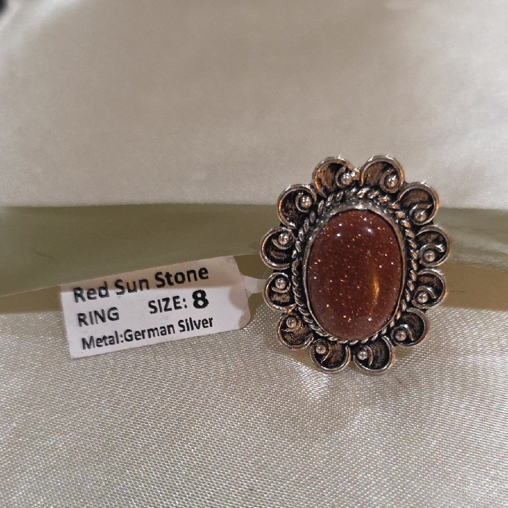 Vintage-Inspired Red Sun Stone Ring in German Silver